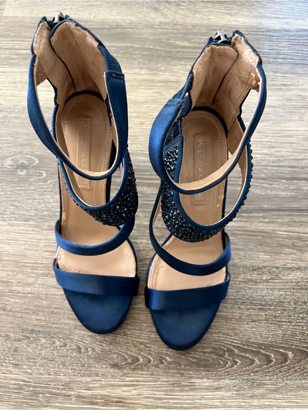 BCBGMAXAZRIA Navy Satin Crystal Heels Size 6 (100% Crystals Intact) + Dust Bag